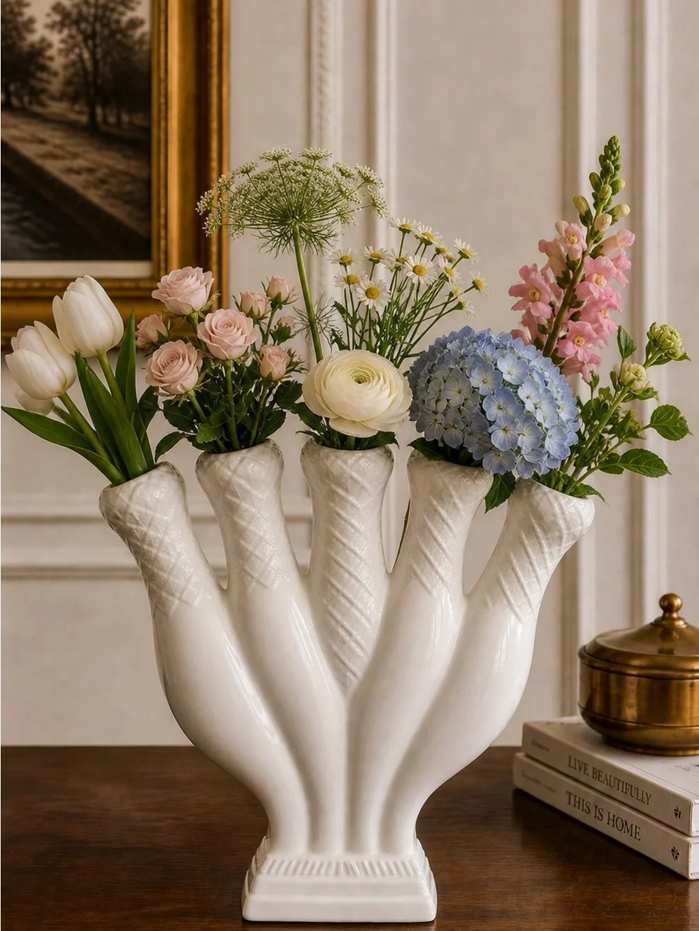 Vintage White Ceramic Five-Finger Tulipiere Bud Vase